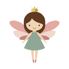 Little fairy in golden shining clothes. Fairytale gentle princess with wings. Cute fairy in minimalist design.