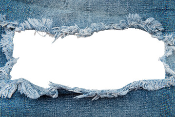 Hole in denim on a white background. Ripped jeans