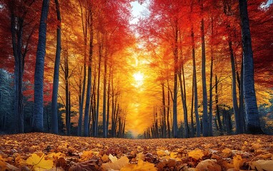 Vibrant autumn forest path at sunset.