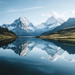 Serene alpine lake reflecting snow-capped mountains under a clear sky.
