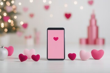 A cell phone displaying a heart symbol on its screen is beautifully surrounded by an array of lovely pink hearts all around it. Sending virtual Valentine’s cards