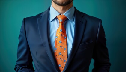 Man in a formal blue suit with an orange tie featuring flower patterns. Close-up view of the suit jacket shirt and tie. Business style clothing. Formal occasion. Professional attire.