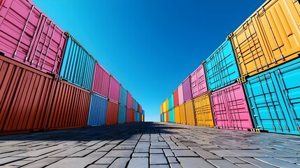 Fototapeta premium Colorful Shipping Containers Under Clear Blue Sky in Storage Yard