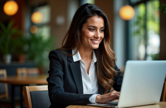 Young Indian businesswoman works on laptop in eatery. Smiling pro woman uses wireless tech. Confident corporate employee in office style attire. Happy, focused digital worker. Busy day. Business