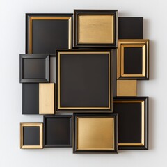 Black and Gold Gallery Wall: A sophisticated arrangement of black and gold frames, creating a visually striking and minimalist gallery wall perfect for showcasing artwork or photographs.