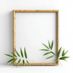 Naklejka premium Bamboo Frame Mockup: Elegant square bamboo frame with lush green tropical leaves, perfect for showcasing your artwork, design, or product. A clean and minimalist aesthetic.