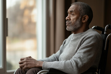 Reflective moment of a senior man in a wheelchair by the window during the afternoon