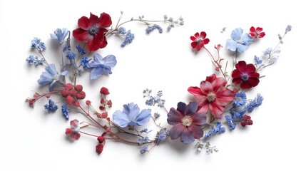 Vibrant Floral Arrangement Featuring Red and Blue Flowers on White Background, Perfect for Celebratory Themes and Nature-Inspired Designs