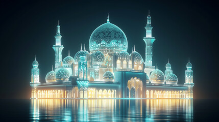 Obraz premium stunning digital rendering of a grand mosque at night illuminated with vibrant teal and gold lights Reflected in still water showcasing intricate details and Islamic architecture