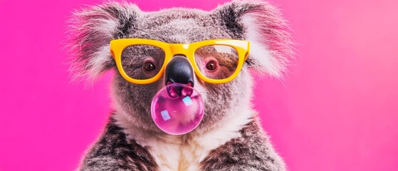 Cute koala with yellow glasses blowing pink bubble gum against a bright pink background. Fun and playful pet portrait for social media and marketing visuals.