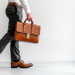 Businessman walking with brown leather briefcase on white background