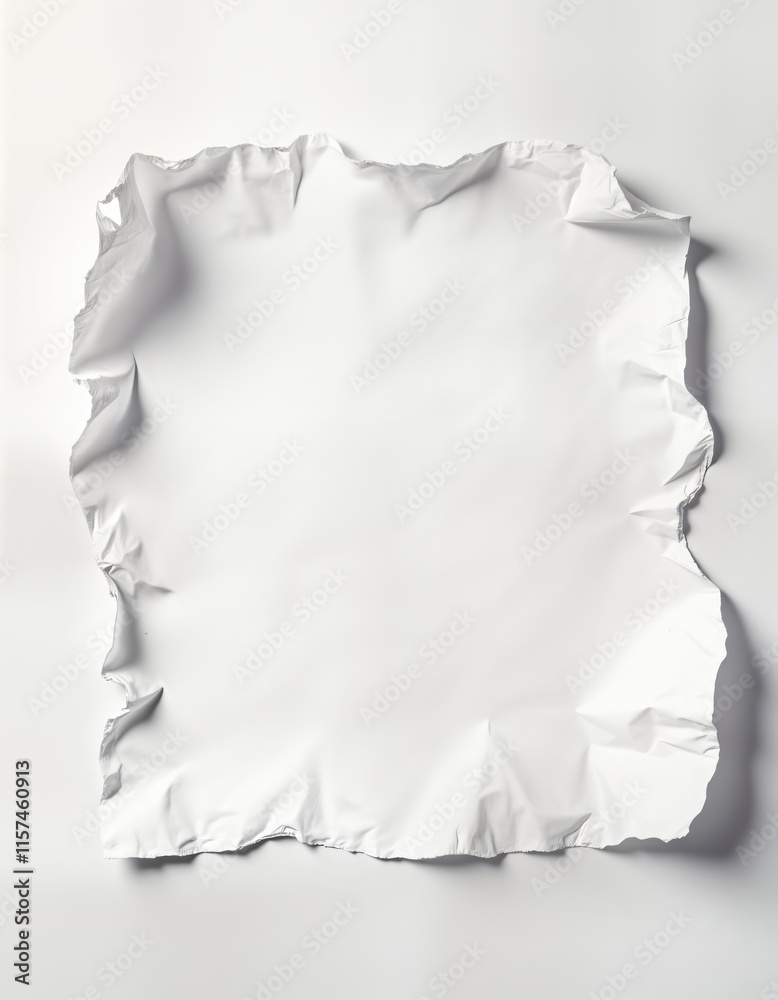 Poster torn white paper sheet lies flat on plain white background. wrinkled, crumpled paper displays textur