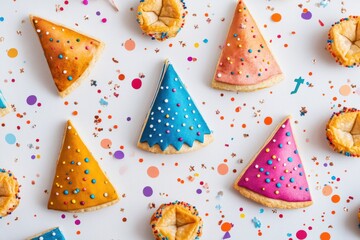 Fototapeta premium holiday costume ideas, purim-themed costume illustrations spread across a white canvas, decorated with hamantaschen cookies and confetti, giving a whimsical vibe