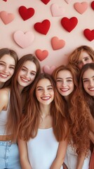A cheerful group of young women is happily posing together for a fun picture right in front of a vibrant wall decorated with hearts on it. Sending virtual Valentine’s cards
