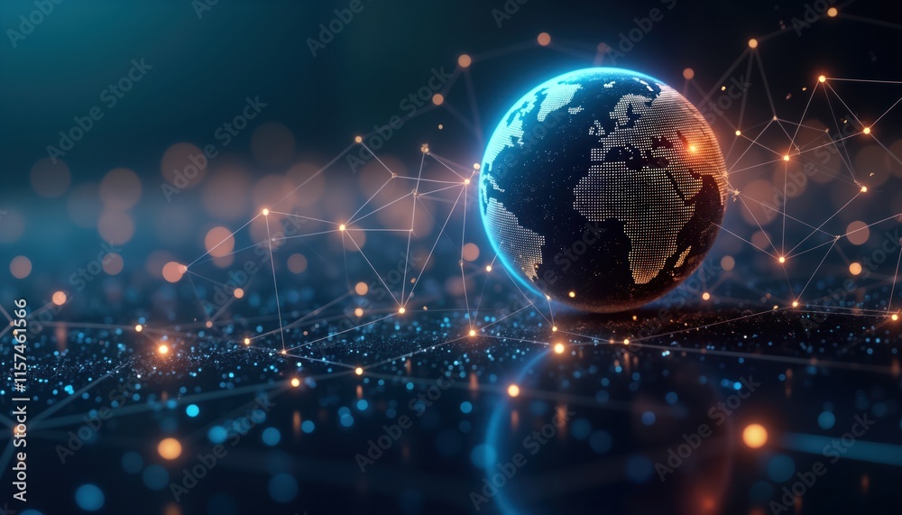 Poster Global network connecting planet earth. Futuristic tech concept. Digital lines connect glowing earth. Global connection. Modern innovation. Earth illuminated. Abstract tech art. International