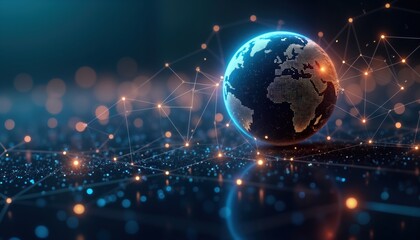 Fototapeta premium Global network connecting planet earth. Futuristic tech concept. Digital lines connect glowing earth. Global connection. Modern innovation. Earth illuminated. Abstract tech art. International