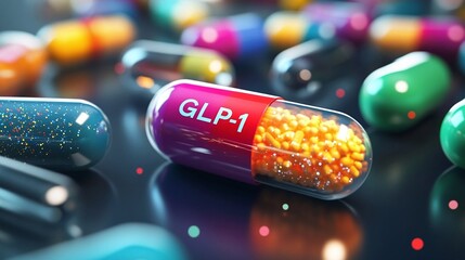 Close-up of colorful GLP-1 capsules, showcasing detailed medicine design with cinematic lighting. Ideal for pharmacy, health, medication, and prescription themes.