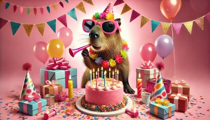 Capybara celebrates birthday surrounded by colorful gifts, balloons, and cake