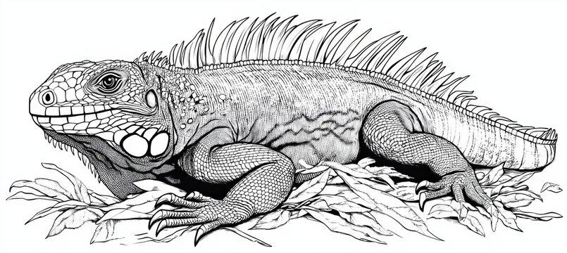 Black and white vector drawing of a single iguana outline for coloring activities