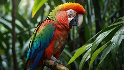 Fototapeta premium Vibrant Parrot Perched in Lush Tropical Foliage