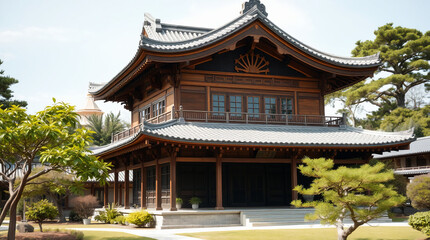Obraz premium Japanese-Style Wooden Building with Gray Roof and Landscaping