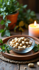 Magnesium supplement tablets displayed on a wooden table with herbs in jars.