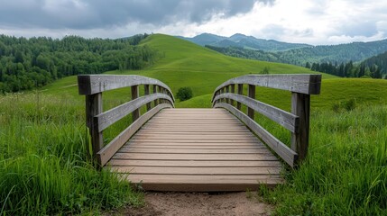 Multitiered wooden bridge connecting hillside farms, providing scenic views of the surrounding rural valley
