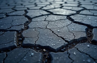 Obraz premium Closeup view of cracked asphalt surface. Water droplets cover fractured pavement. Dark gray tones with small stones create dramatic texture. Image shows unique design element ideal for backgrounds