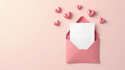Pink envelope with blank card and pink hearts on clean background. Love letter. Valentine's day banner,  Copy space.