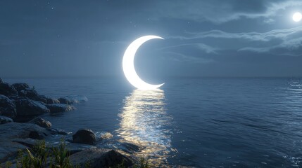 A surreal moonlit scene with a crescent moon reflected on water.