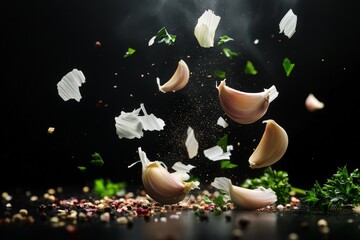 Dynamic explosion of garlic cloves and herbs in motion, showcasing culinary creativity and flavor enhancement for cooking, fresh ingredients, and food photography.