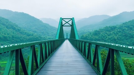 Fototapeta premium Modern steel bridge with minimalist design, contrasting with lush green farmlands and open fields below