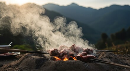 Mountainside Barbecue Grilling Meat Over Open Fire