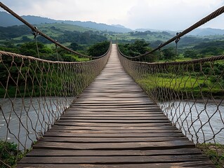 Obraz premium Pedestrian bridge with rope sides and wooden planks, curving over a wide river in a remote rural region