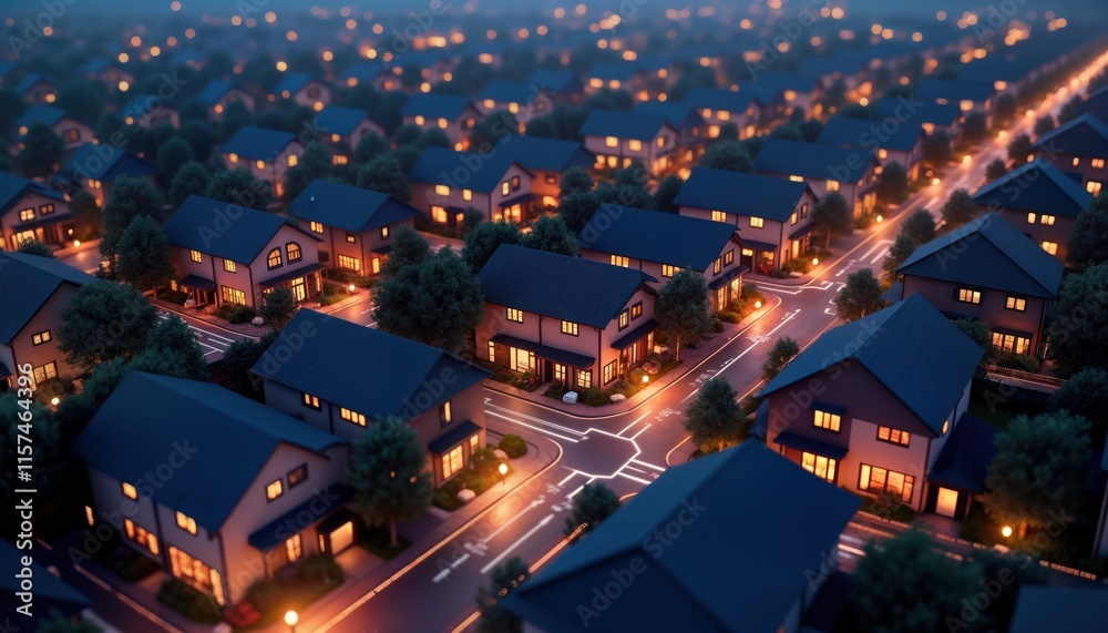 Poster Suburban houses at night with warm light glowing from windows. Streets lit. Modern design. Neighborhood neat, tidy. Data transaction flow suggested in prompt. Digital network connection tech concept