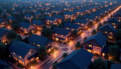 Obraz premium Suburban houses at night with warm light glowing from windows. Streets lit. Modern design. Neighborhood neat, tidy. Data transaction flow suggested in prompt. Digital network connection tech concept