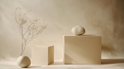 Beige Minimalist Still Life Stones Dried Flowers Cubes