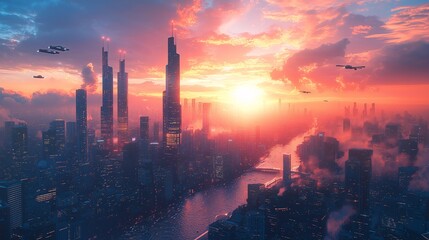 Futuristic city skyline at sunset, with glowing skyscrapers and flying cars