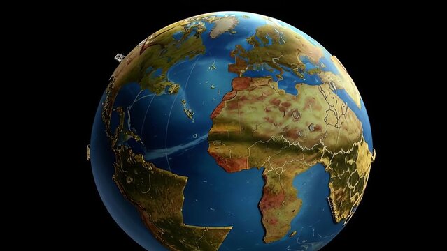Atlas map of the world globe spinning zooming in and focusing on the country of Canada, canadian. Showing area, motion video stock in HD and 4K
