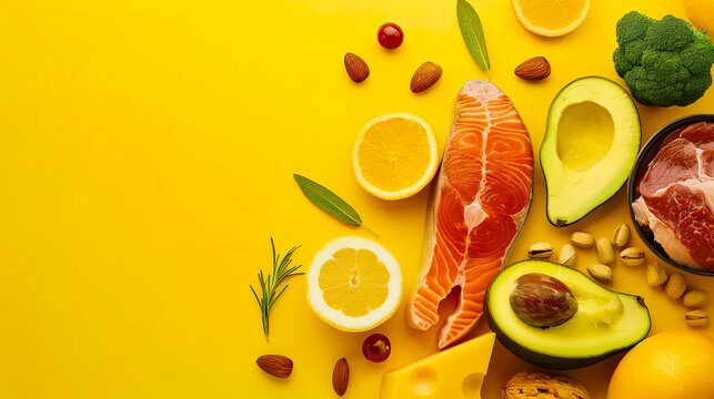 A vibrant selection of healthy food including fruits, vegetables, and grains on a yellow background, symbolizing nutrition and vitality.