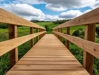 Fototapeta premium Elevated rural bridge made from sustainable timber, offering panoramic views of surrounding farmland