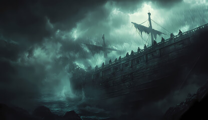 Naklejka premium Ghost Ship in a Tempest: A haunting digital painting of an ancient galleon engulfed by a raging storm, waves crashing against its decaying hull, shrouded in eerie darkness and mist.