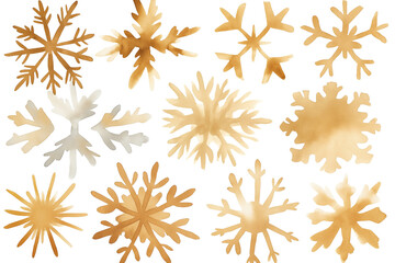 Golden snowflake confetti scattered in a minimal and elegant style, with intricate golden snowflakes of various sizes spread beautifully across a clean white background.