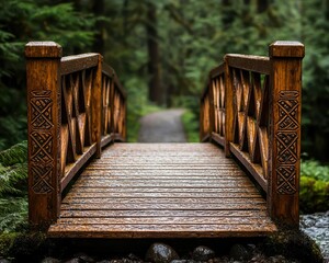Narrow pedestrian bridge with carved wooden railings, crossing a shallow stream in a rural woodland