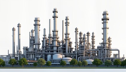 Obraz premium Large oil refinery complex stands on isolated background. Metal structures, processing units show heavy industry. Trees line edge of facility. Eco-friendly approach with nature heavy industry