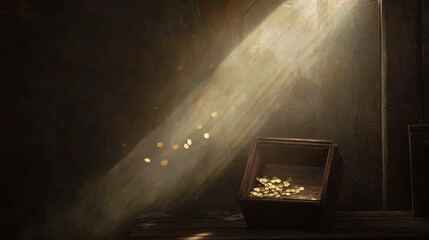 Obraz premium A beam of light illuminates a wooden box filled with gold coins in a dimly lit space.
