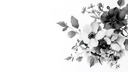 Monochrome floral arrangement with blossoms, leaves, and branches on white background.