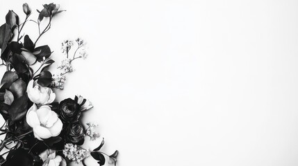 Monochrome floral arrangement isolated on white background.Condolence card. Condolence card. Blank space for text. Illustration for cover, card, postcard, brochure, advert or presentation.