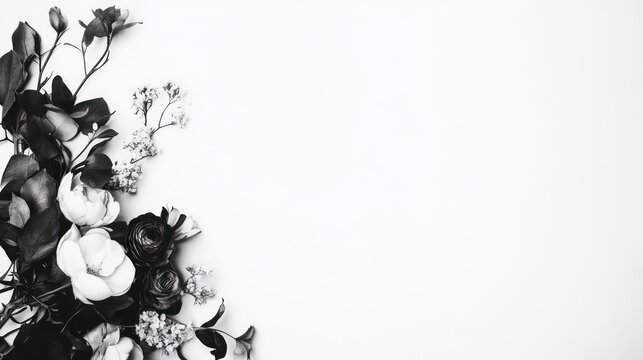 Fototapeta Monochrome floral arrangement isolated on white background.Condolence card. Condolence card. Blank space for text. Illustration for cover, card, postcard, brochure, advert or presentation.