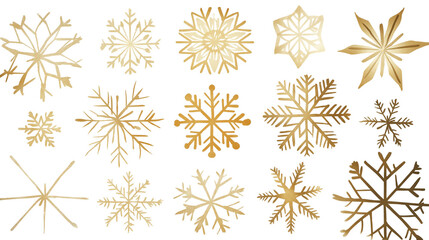 Golden snowflake confetti scattered in a minimal and elegant style, with intricate golden snowflakes of various sizes spread beautifully across a clean white background.
